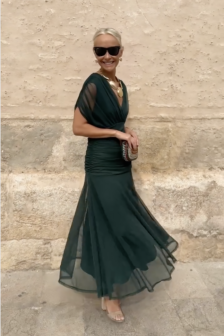 V-Neck Party Maxi Dress – Pleated-Waist Occasion Dress