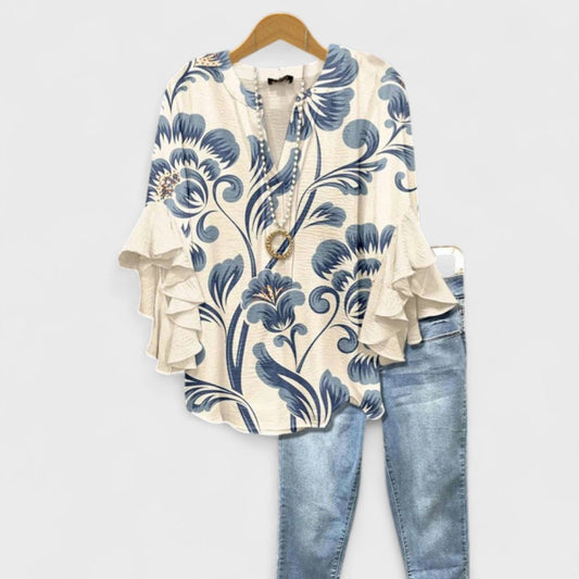 Women's V-neck ruffle-sleeve blouse - front