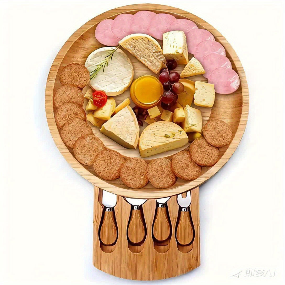 Round Bamboo Cheese Board – Serving Board with 4 Knives & Drawer