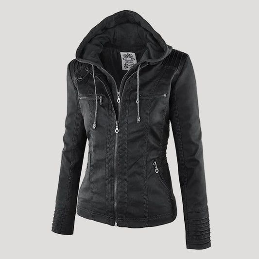 Women's faux leather hooded jacket - black