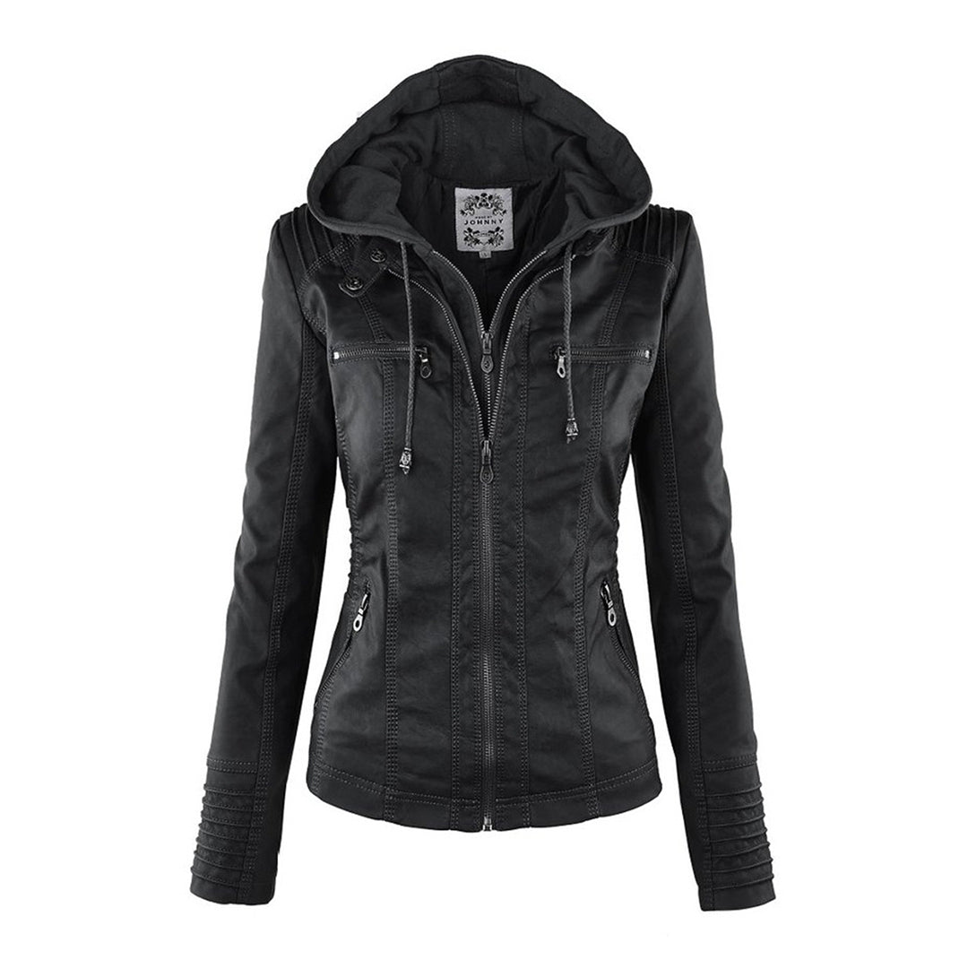 Women's Faux Leather Hooded Jacket – Water-Resistant Jacket