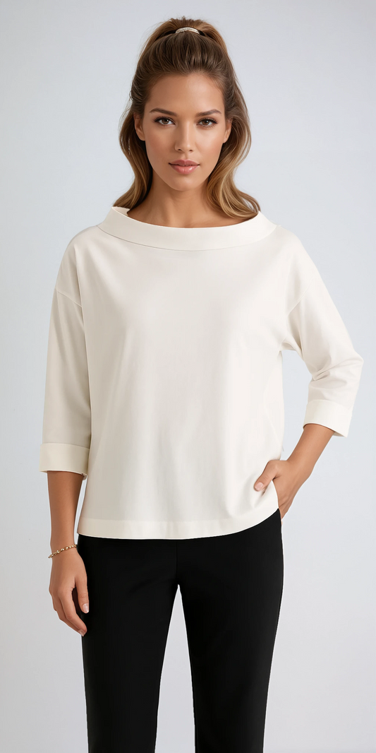 Women's cotton boat neck top with relaxed 3/4 sleeves