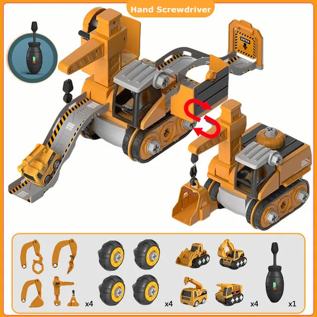 Take-apart construction vehicle toy with drill