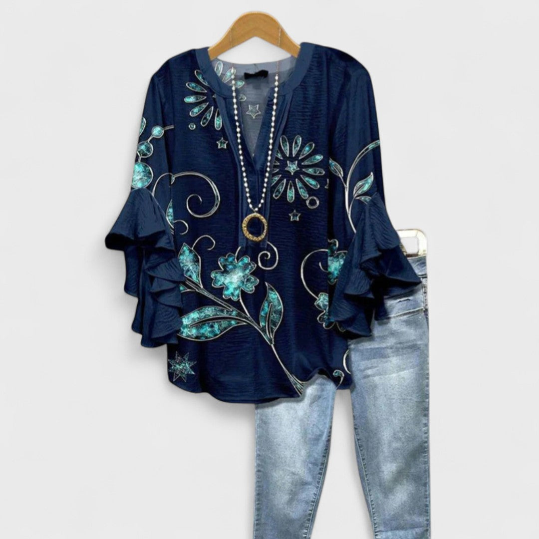 Women's printed V-neck ruffle blouse