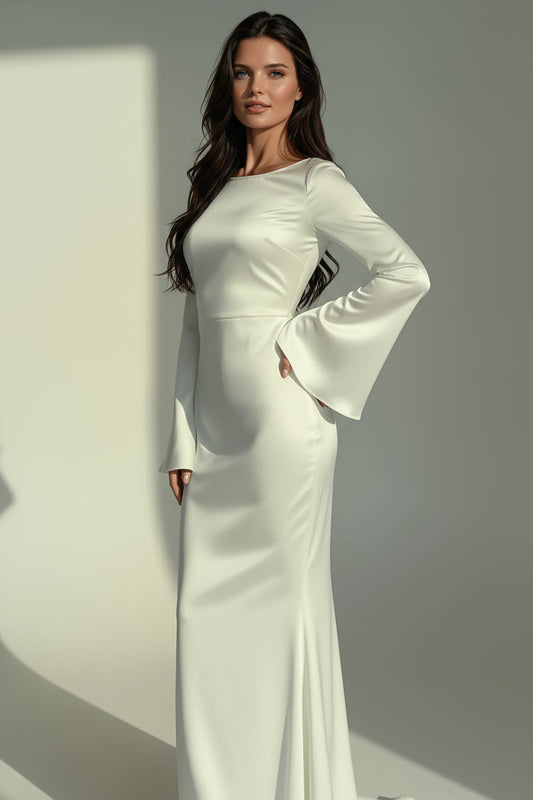 Women's fitted satin maxi dress with long flared-cuff sleeves