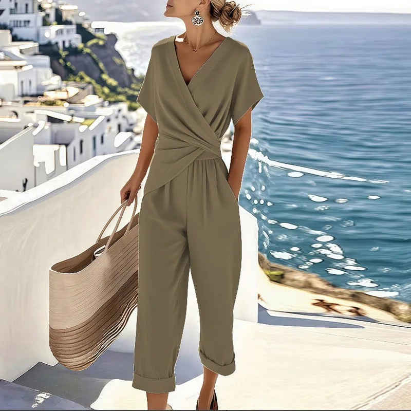 Women's wrap-top and cropped-trousers two-piece set