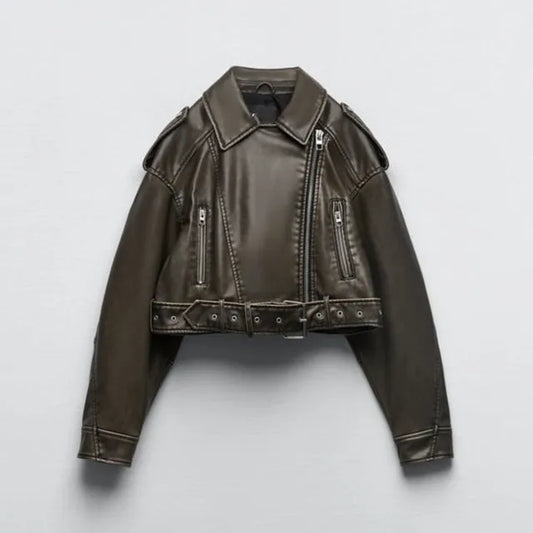 Women's short faux leather biker jacket - front