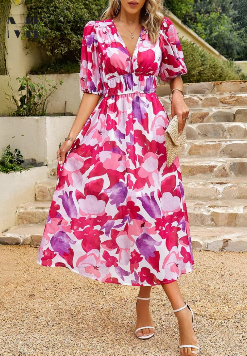 Women's Floral Dress – Short-Sleeve Maxi Dress