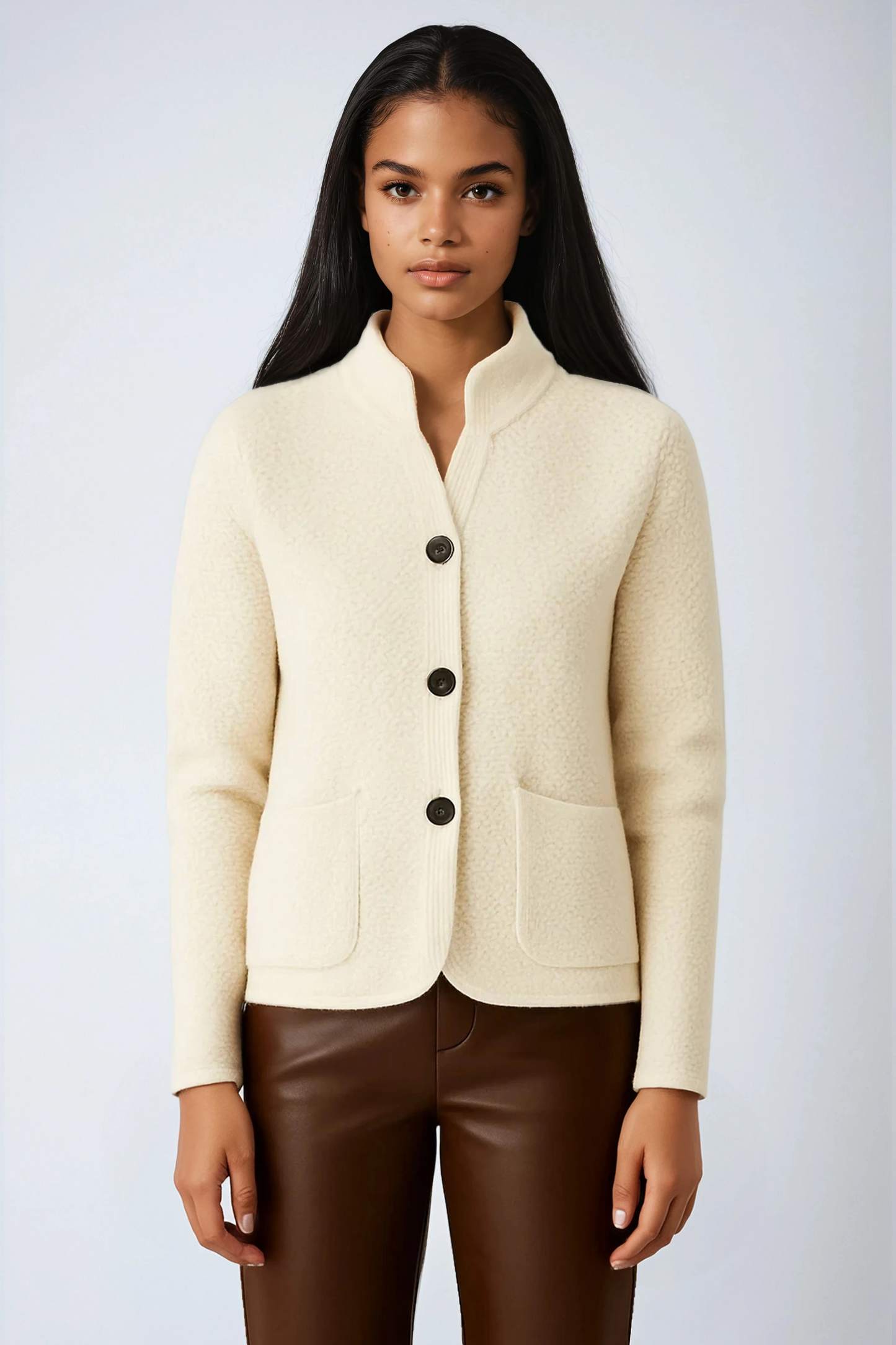 Women's cotton knit cardigan with button front and stand collar