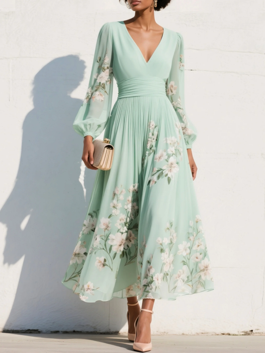 Women's chiffon floral V-neck midi dress with balloon sleeves