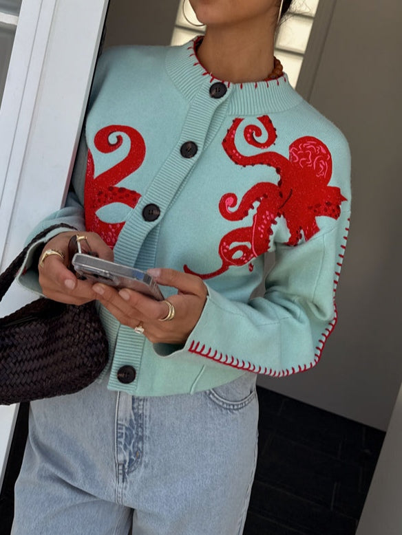 Women's knit cardigan with octopus motif