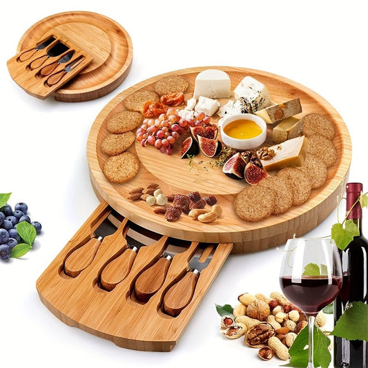 Round bamboo cheese board with 4 knives and drawer
