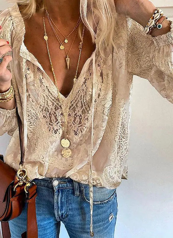 Women's boho lace V-neck blouse with a relaxed flowing fit