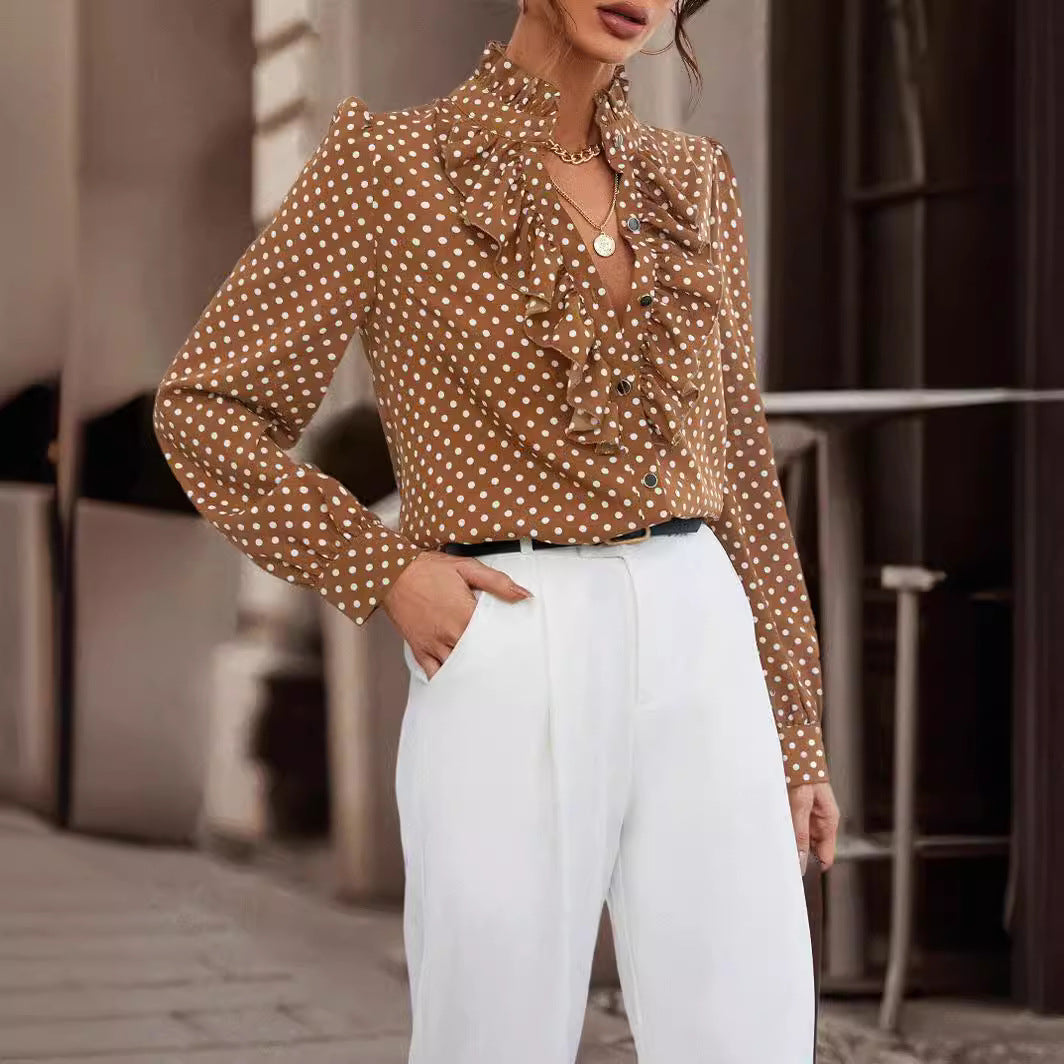 Women's brown high-neck blouse with ruffle front and long sleeves