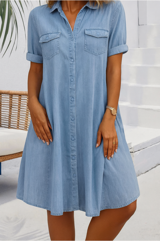 Women's denim-look button-down shirt dress - front