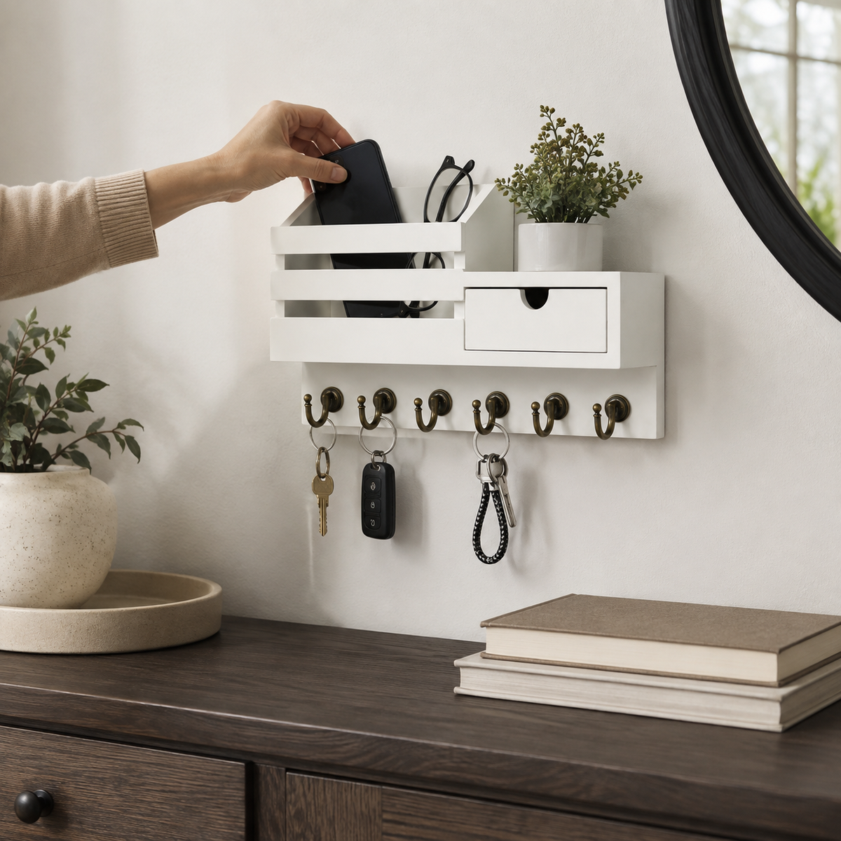 Wall-mounted entryway key rack with shelf drawer and hooks