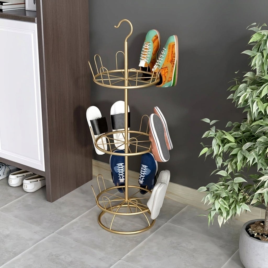 Vertical multi-tier metal shoe rack with hook