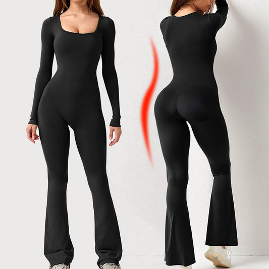 Women's square-neck wide-leg long-sleeve jumpsuit