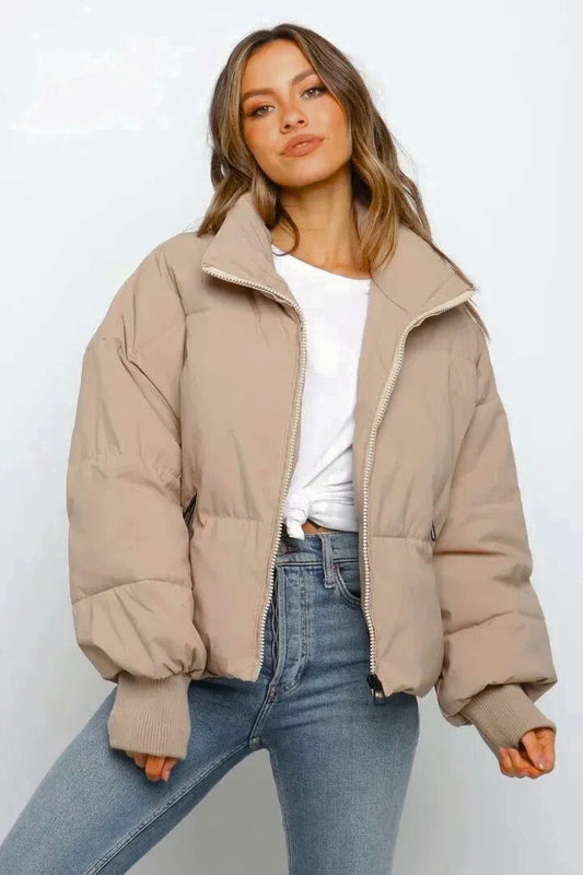 Women's khaki cropped quilted zip-up puffer jacket
