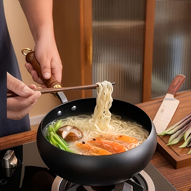 Cast iron pan with wooden handle and lid