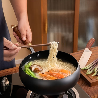 Cast iron pan with wooden handle and lid