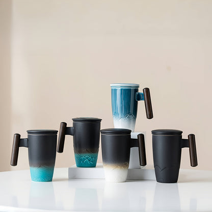 Handmade ceramic tea cup with strainer lid and wooden handle