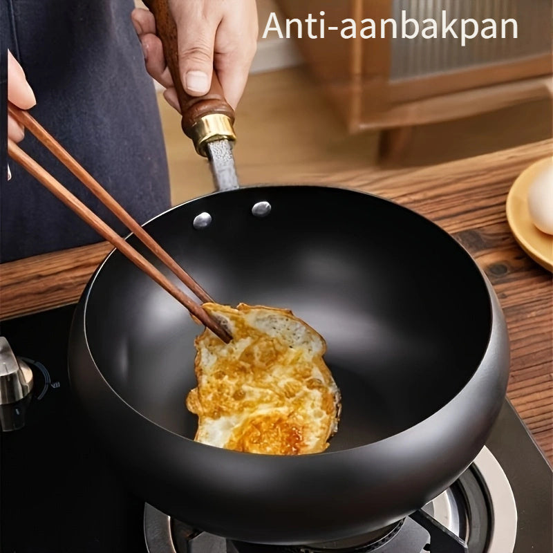 Cast Iron Pan – Durable Skillet with Wooden Handle & Lid