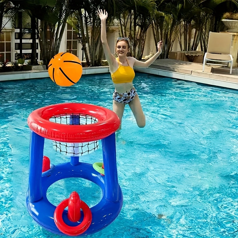 Inflatable floating pool basketball hoop set