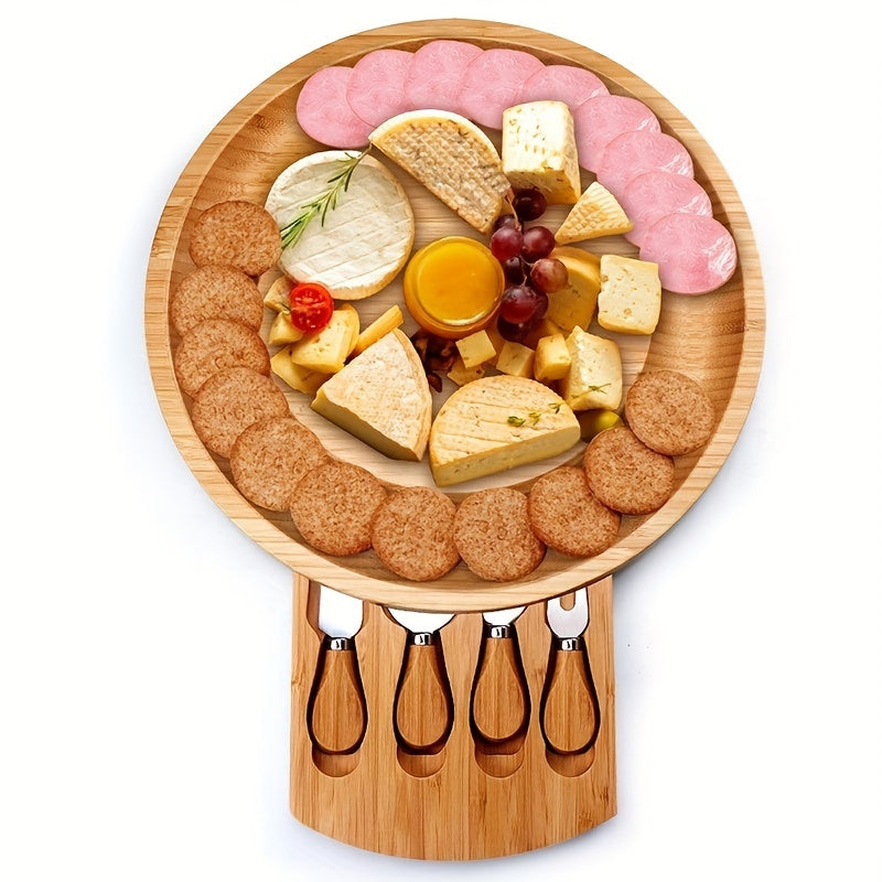 Round bamboo cheese board with 4 knives and drawer