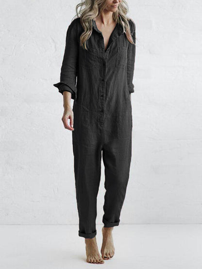 Women's 100% cotton long-sleeve button-front jumpsuit