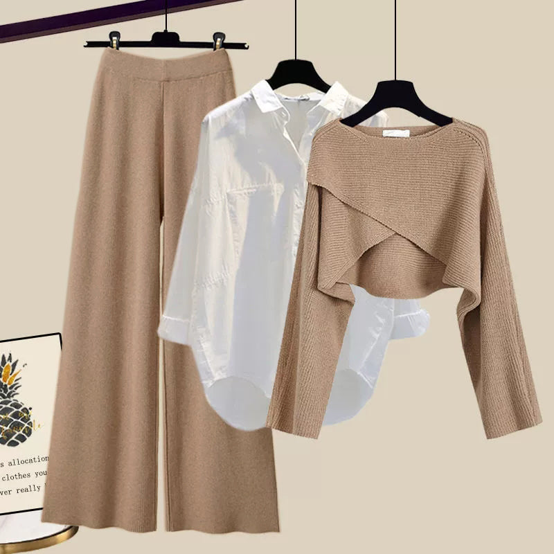 Women's brown three-piece knit jumper, shirt and trouser co-ord set
