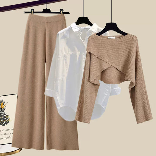 Women's brown three-piece knit jumper, shirt and trouser co-ord set