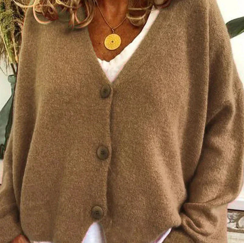 Women's khaki casual V-neck button knit cardigan
