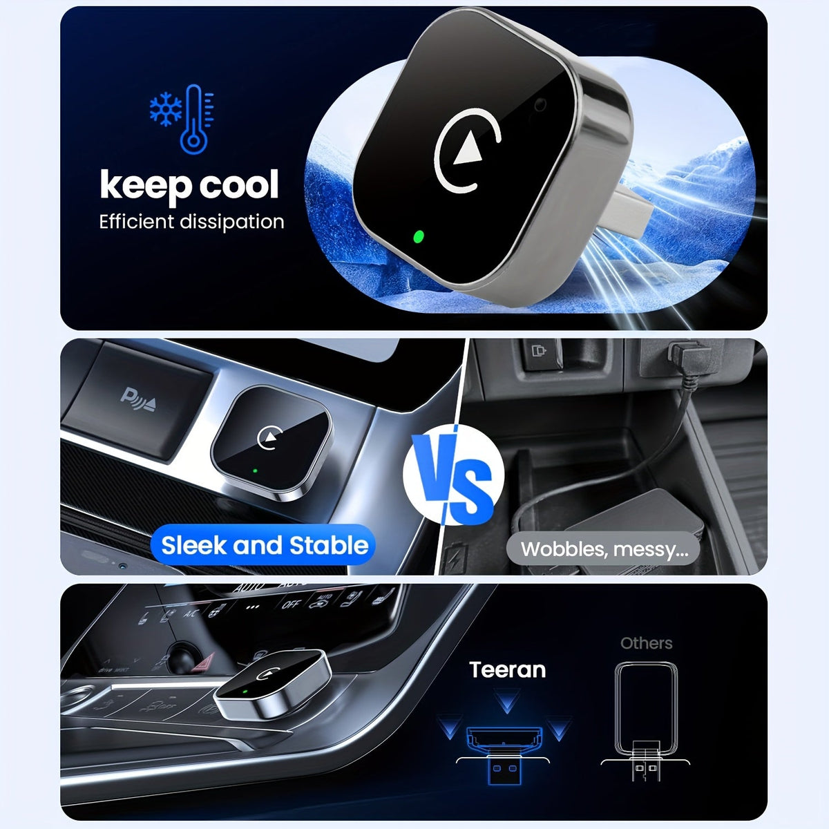 Wireless 2-in-1 CarPlay and Android Auto adapter dongle with USB and USB-C