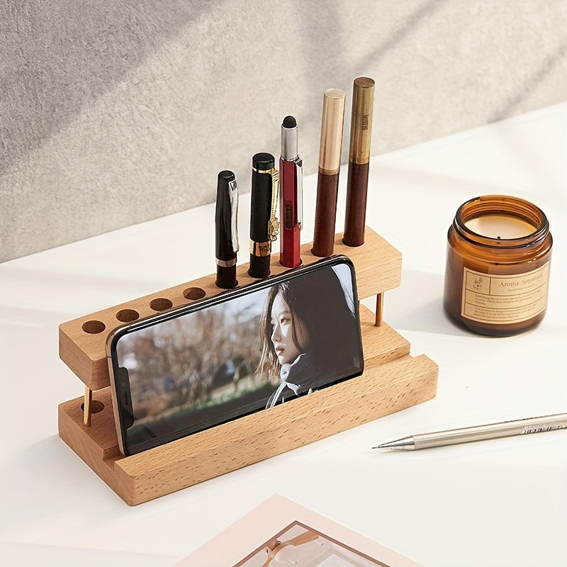 Walnut Desk Organiser – 10-Slot Pen & Phone Holder