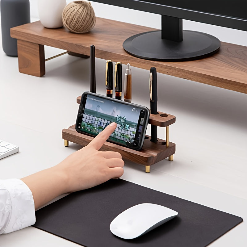 Walnut Desk Organiser – 10-Slot Pen & Phone Holder