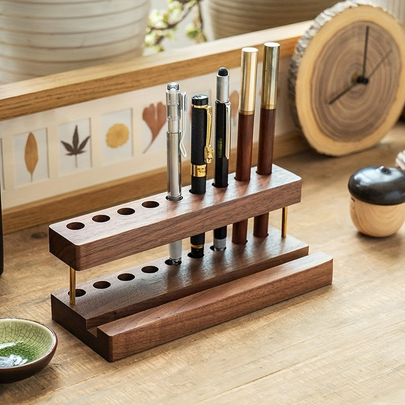 Walnut Desk Organiser – 10-Slot Pen & Phone Holder