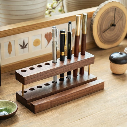 Walnut Desk Organiser – 10-Slot Pen & Phone Holder