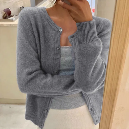 Women's grey crew-neck long-sleeve knit cardigan