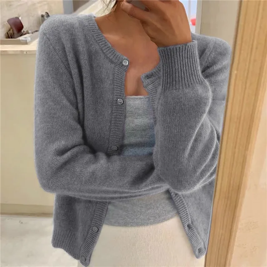 Women's grey crew-neck long-sleeve knit cardigan