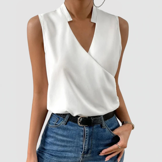 Women's sleeveless V-neck white blouse with wrap front 