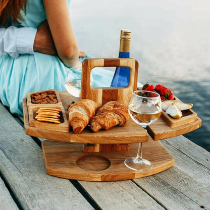 Oak portable picnic wine table with bottle and glasses