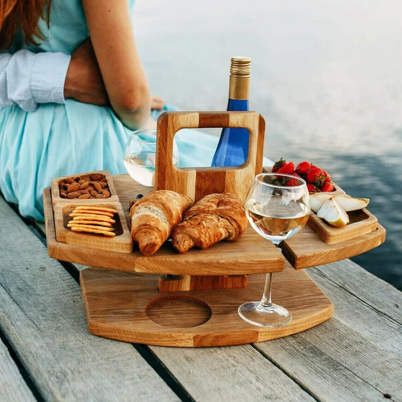 Portable Wooden Picnic Wine Table – Folding Serving Tray with Bottle & Glass Holders