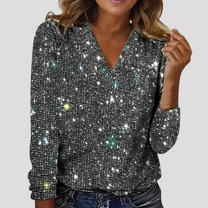 Women's Sequin Blouse – Sparkly V-Neck Long-Sleeve Party Top