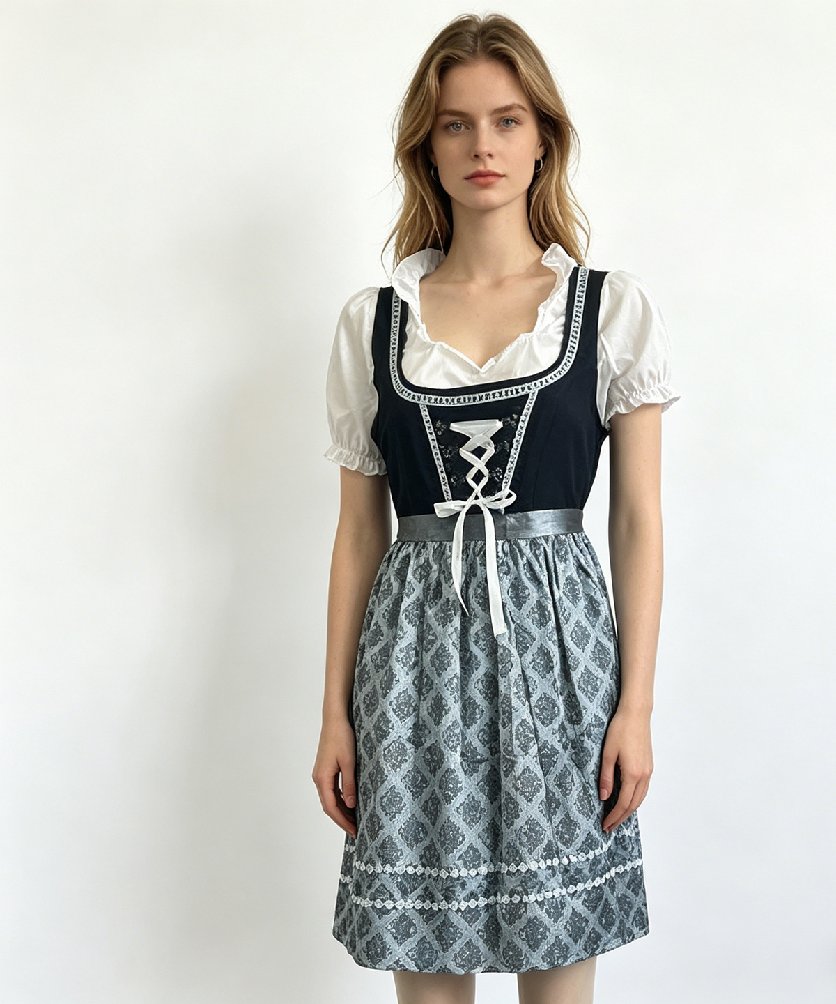 Women's blue and grey traditional dirndl midi dress with apron