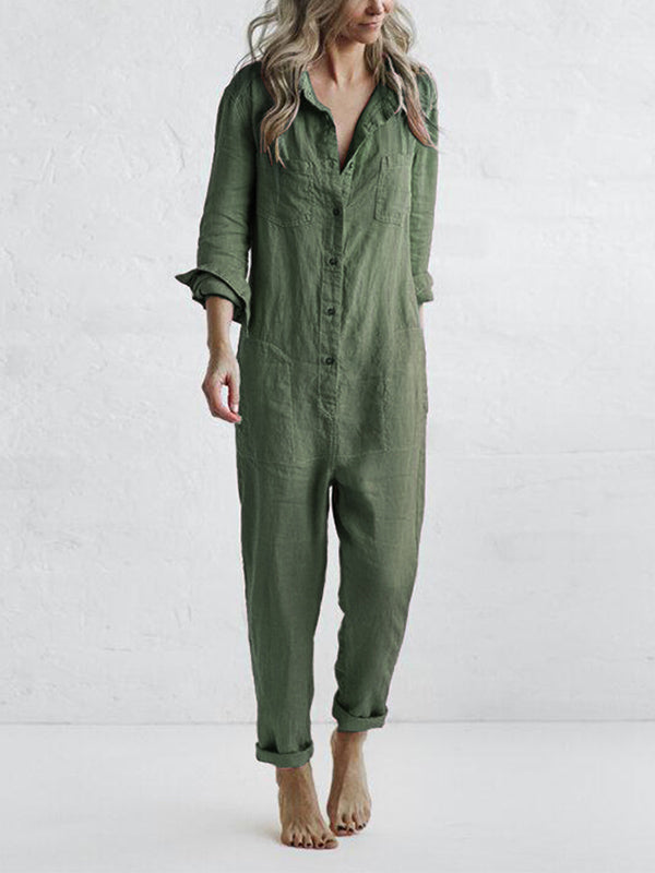 Women's 100% cotton long-sleeve button-front jumpsuit
