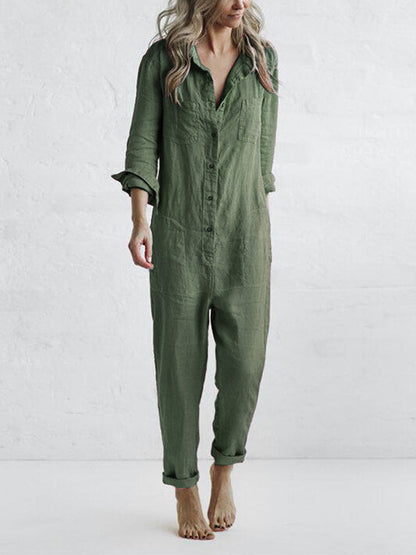 Women's 100% cotton long-sleeve button-front jumpsuit