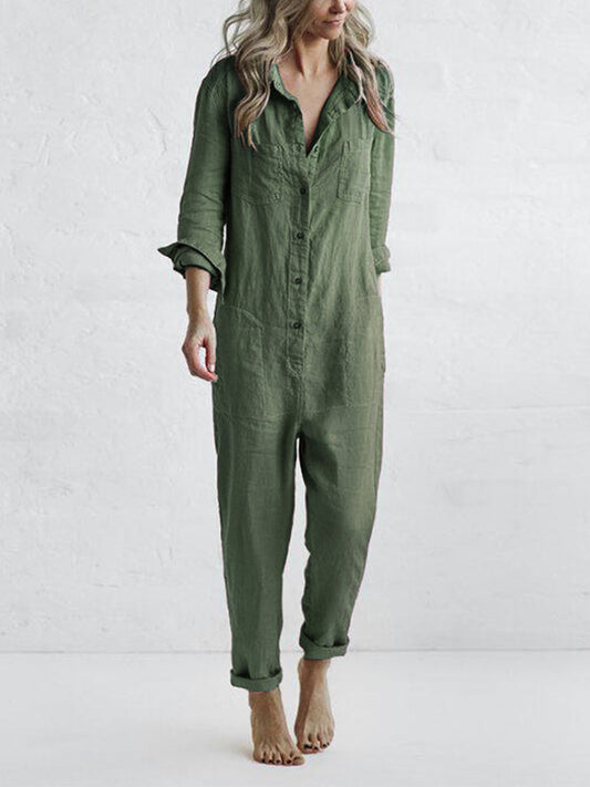 Women's 100% cotton long-sleeve button-front jumpsuit