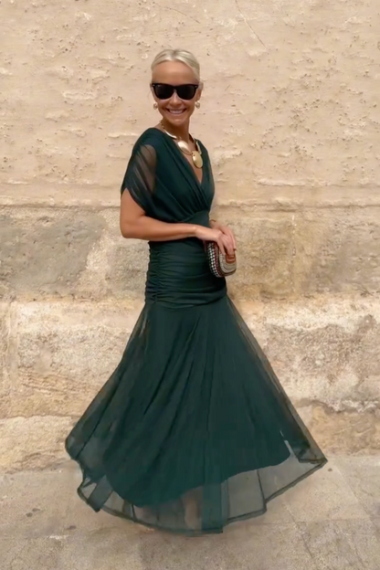V-Neck Party Maxi Dress – Pleated-Waist Occasion Dress