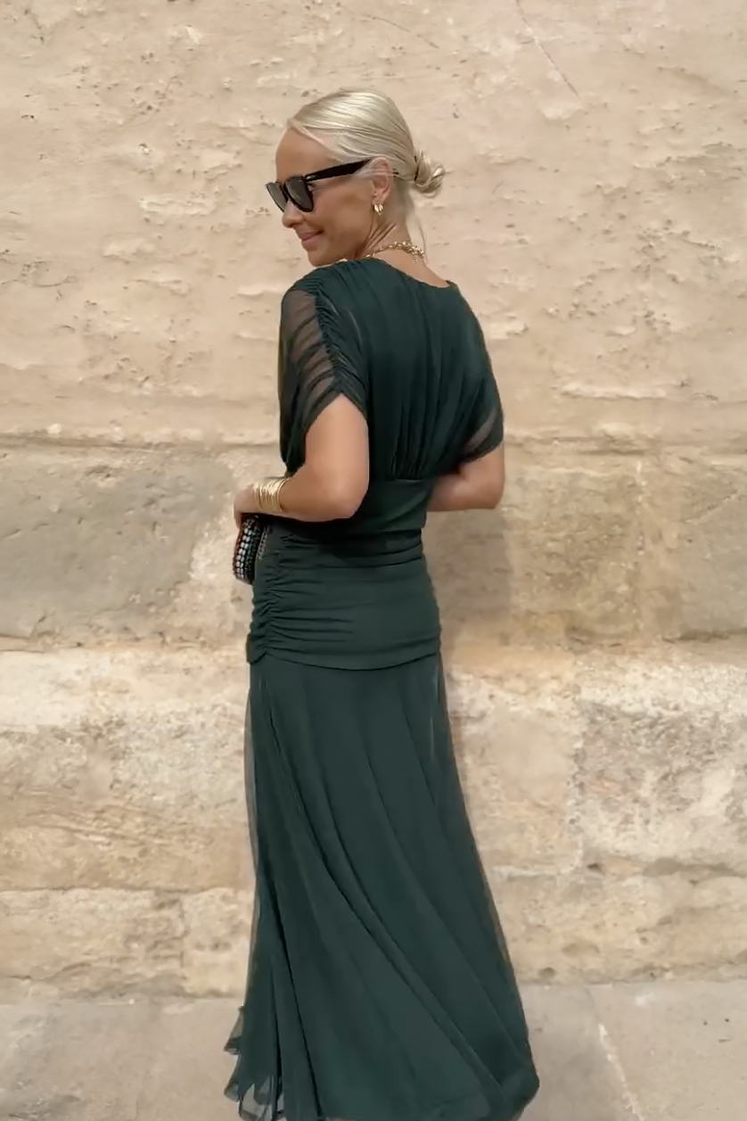 V-Neck Party Maxi Dress – Pleated-Waist Occasion Dress